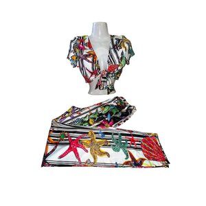 Two-Piece Outfit Tropical Print Crop Top & Pants Large Sexy Leggings Tight Club